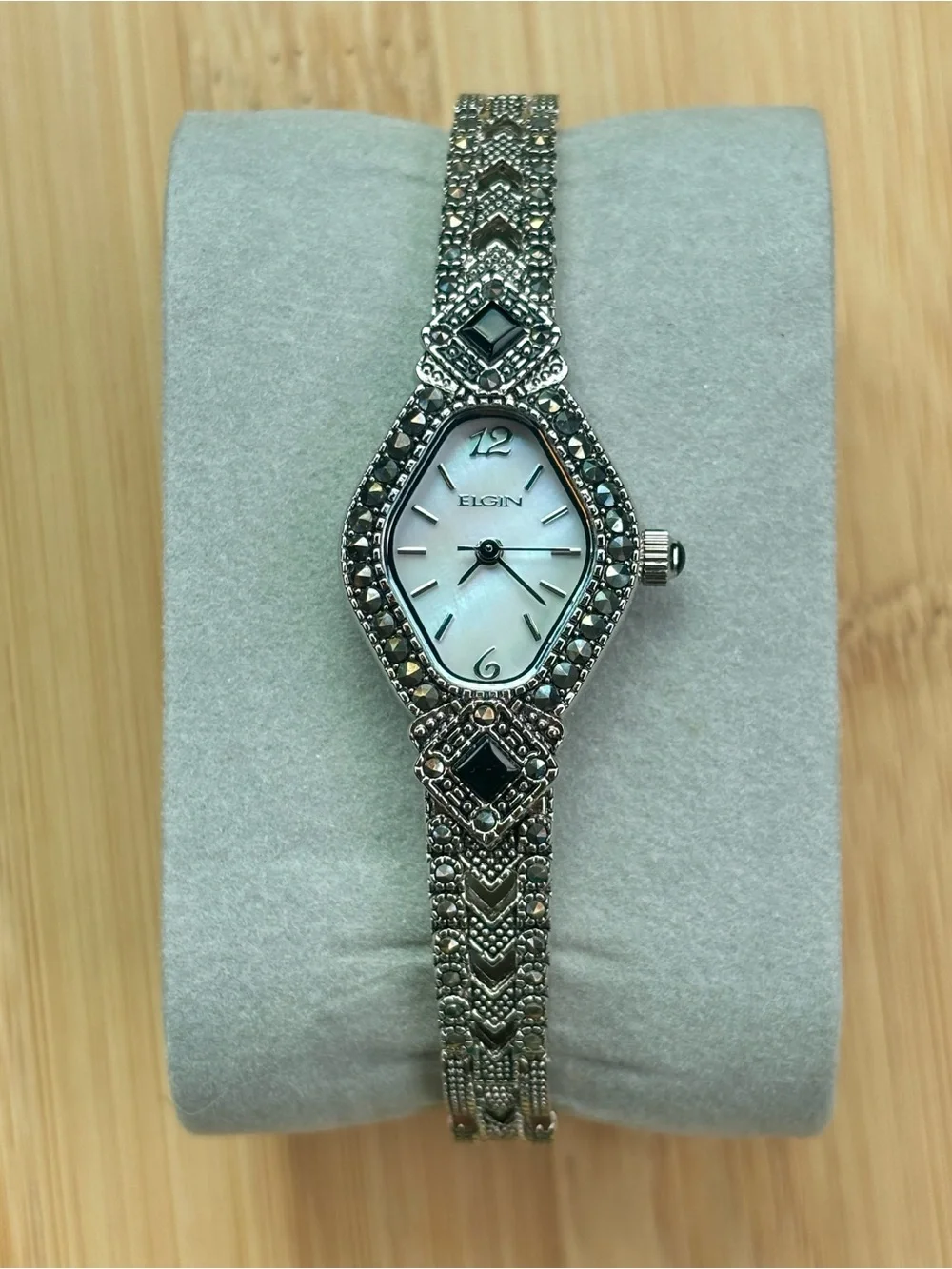 Vintage Elgin Watch Silver Tone Marcasite Black Onyx Geometric Mother of Pearl